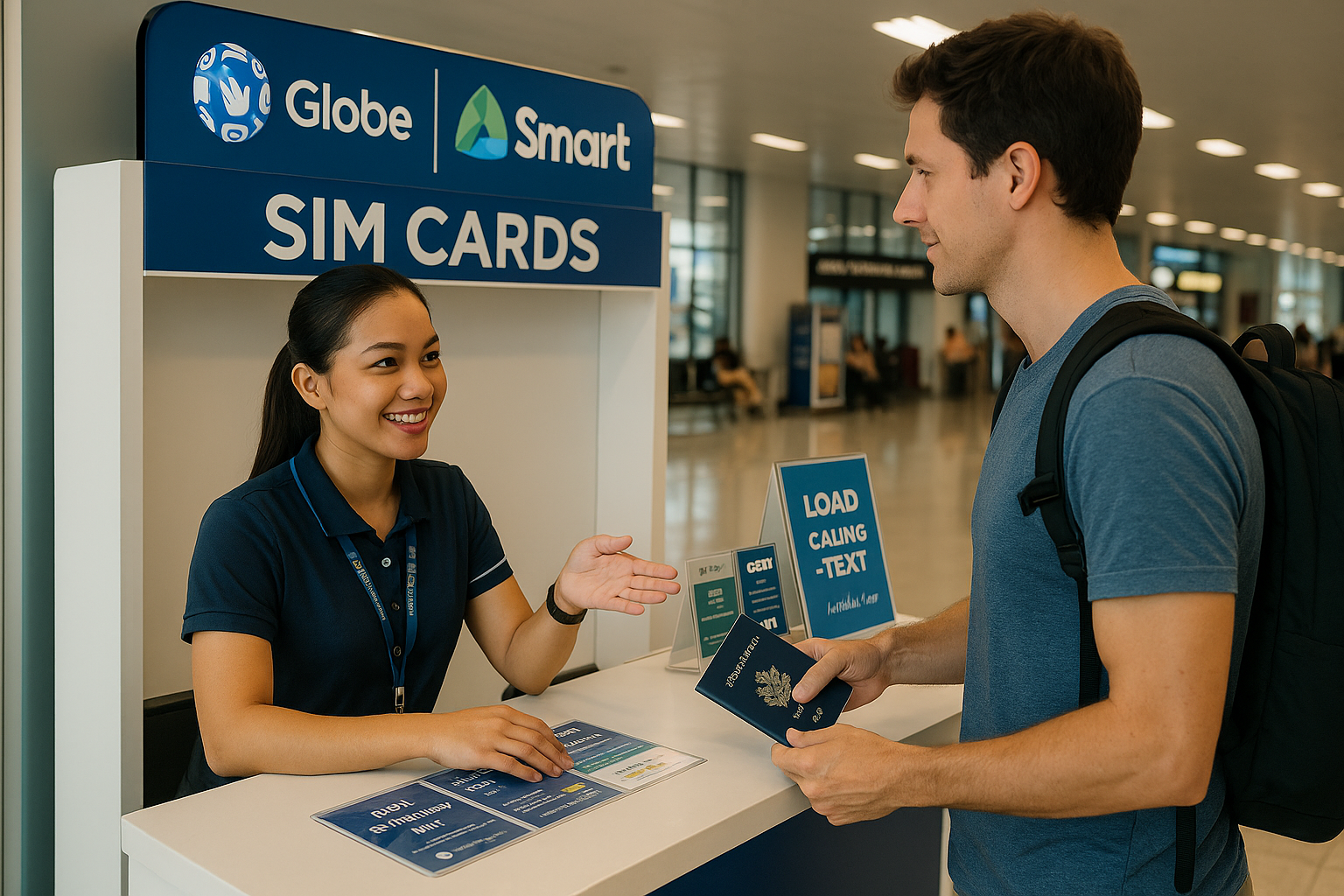 A scene in which a foreign traveler is guided to the opening of a USIM at a USIM booth at Manila Airport in the Philippines