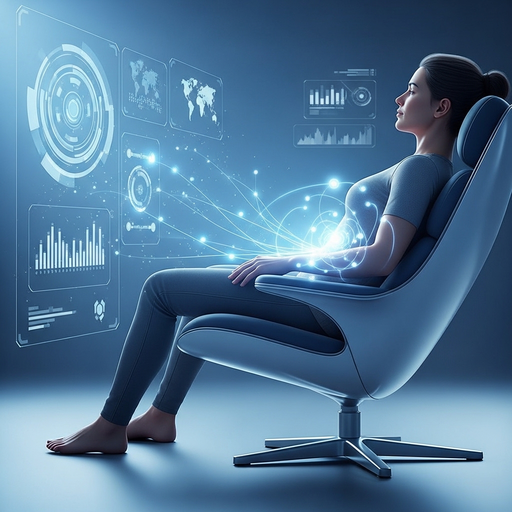 2025년, 인공지능이 사람의 허리 건강을 진단하고 예측하는 모습. 푸른빛 AI 스캔이 허리 부위를 감싸고 있으며, 주변에는 건강 데이터가 시각화된 미래지향적인 인터페이스가 보인다.