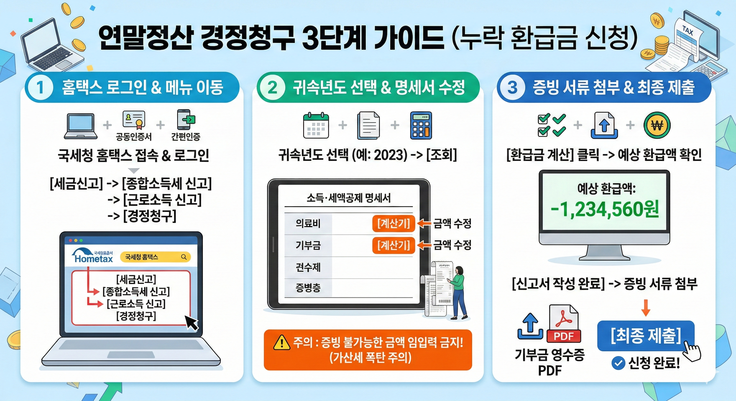 홈택스 종합소득세 연말정산 경정청구 메뉴 접속 경로 화면