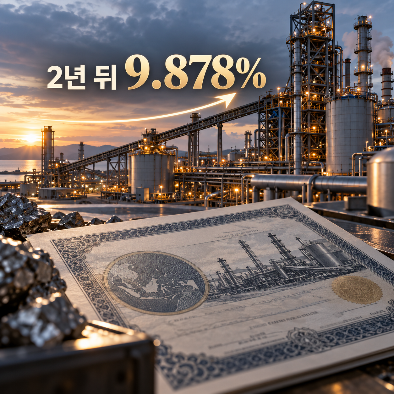 에코프로 신종자본증권의 2년 후 9.878% 스텝업 금리와 니켈 제련소 투자를 표현한 이미지