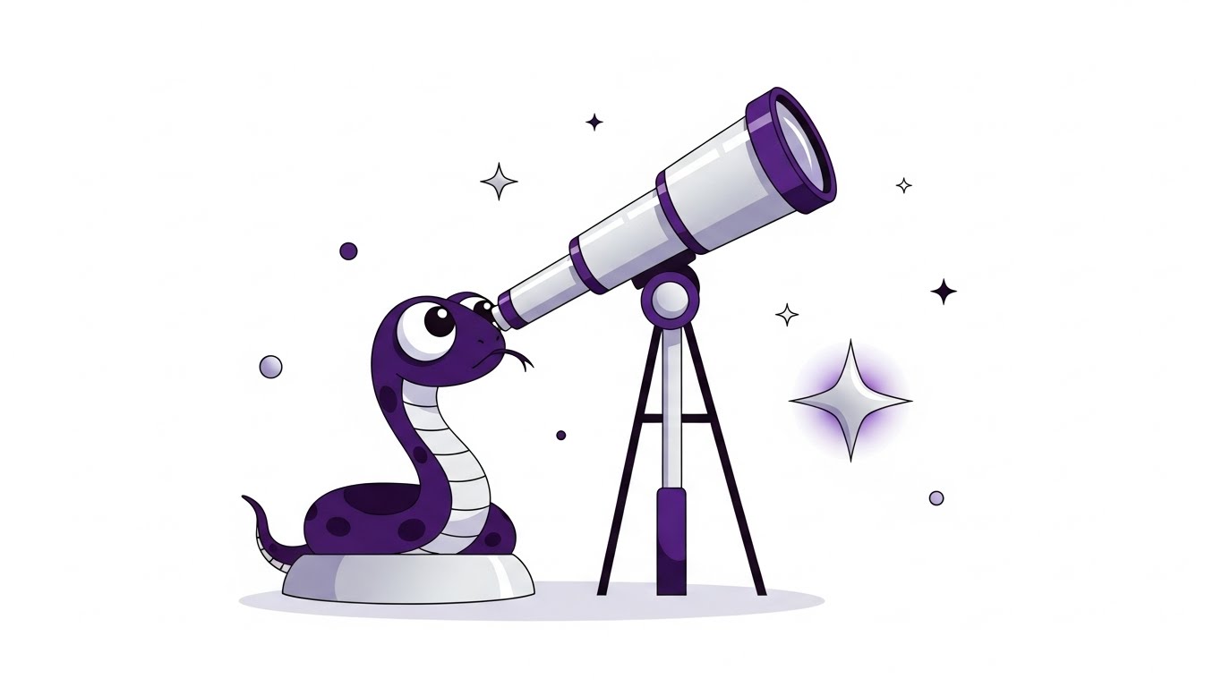 망원경으로 먼 별을 관찰하며 새로운 것을 발견하는 지적인 뱀 캐릭터 일러스트