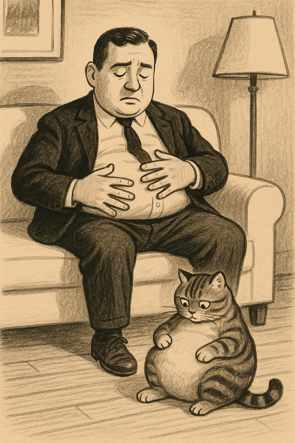 소파에 앉아서 배를 쓰다듬는 남자와 고양이.