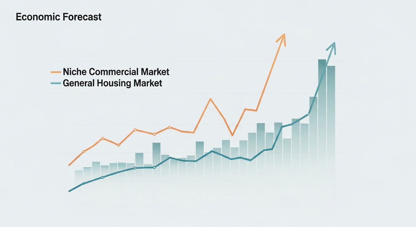 일반 주택 시장은 정체된 반면, 오피스텔 같은 틈새시장 그래프는 상승하는 미래 부동산 시장 전망.