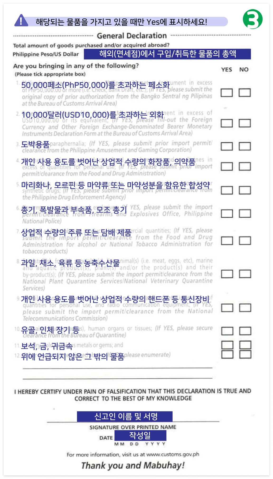세관신고서 뒷장 (ⓒ 필리핀 관광부)