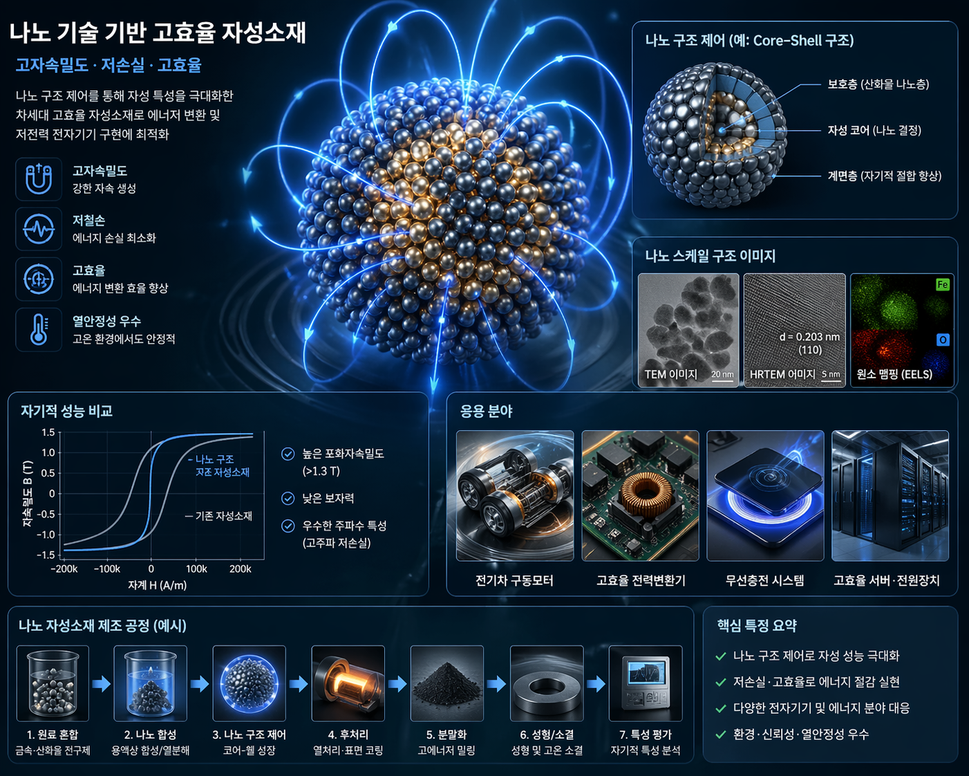 "나노 기술 기반 고효율 자성소재 인포그래픽으로, 중심에는 코어-쉘 구조의 나노 입자가 3D로 표현되어 있으며 주변에 자기장 흐름이 시각화되어 있다. 고자속밀도, 저손실, 고효율, 열안정성 특징이 아이콘과 함께 설명되고, TEM&middot;HRTEM 이미지와 원소 맵핑 결과가 포함되어 있다. 전기차 모터, 전력변환기, 무선충전, 서버 전원장치 등 응용 분야가 함께 제시되며, 자성 성능 비교 그래프와 제조 공정 단계(원료 혼합, 나노 합성, 구조 제어, 후처리 등)가 하단에 정리된 기술 설명 이미지."