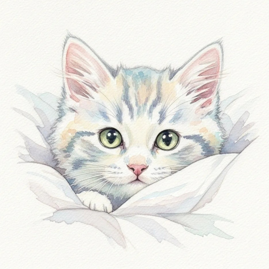 호기심 가득한 아기고양이가 이불 사이로 고개를 내미는 모습