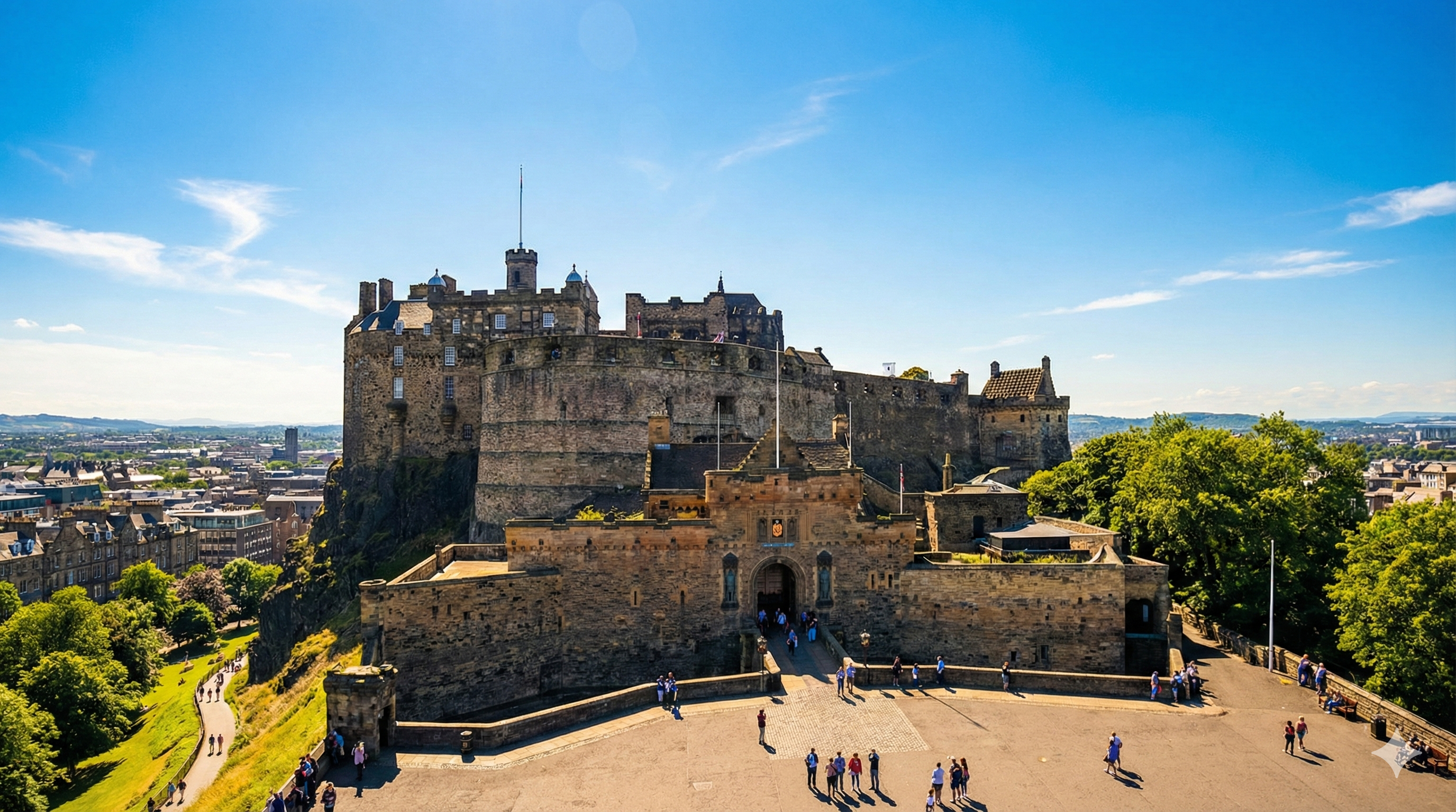 화창한 6월, 구시가지 로열 마일 끝자락에 웅장하게 자리 잡은 에든버러 성의 전경.