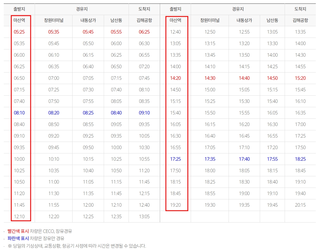 마산역 김해공항 리무진 버스 노선 시간표 요금 예약방법