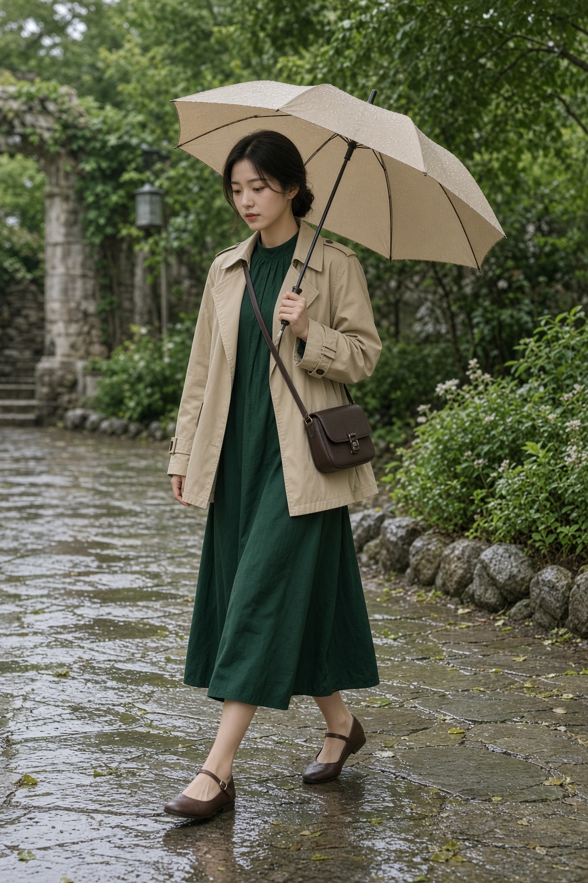 바람과 약한 비를 대비한 포레스트 그린 룩처럼 색과 아이템을 연결해 전체 착장을 정돈한 코디입니다.