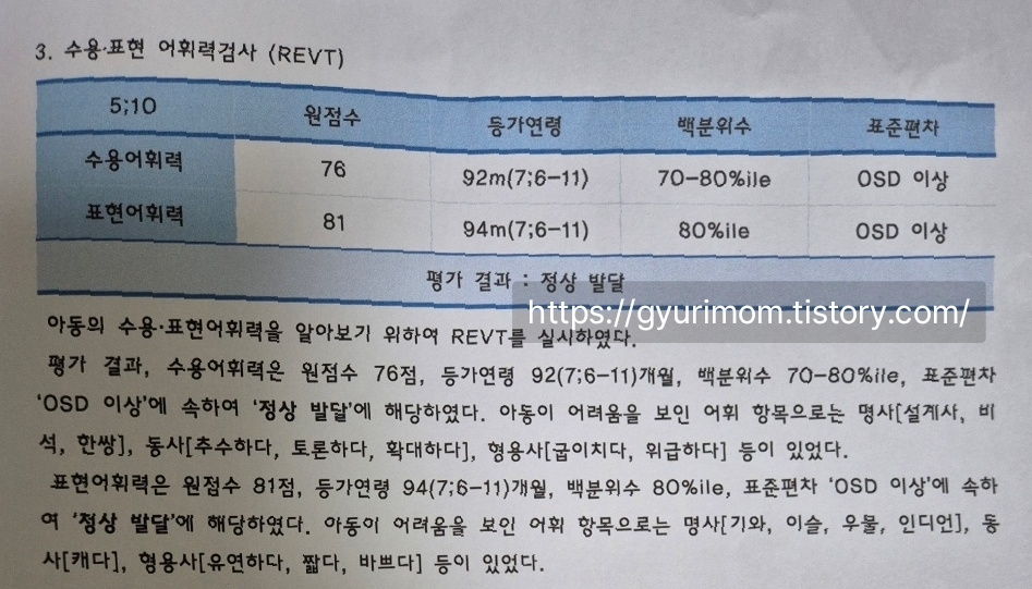 수용·표현 어휘력 검사 (REVT) 결과
