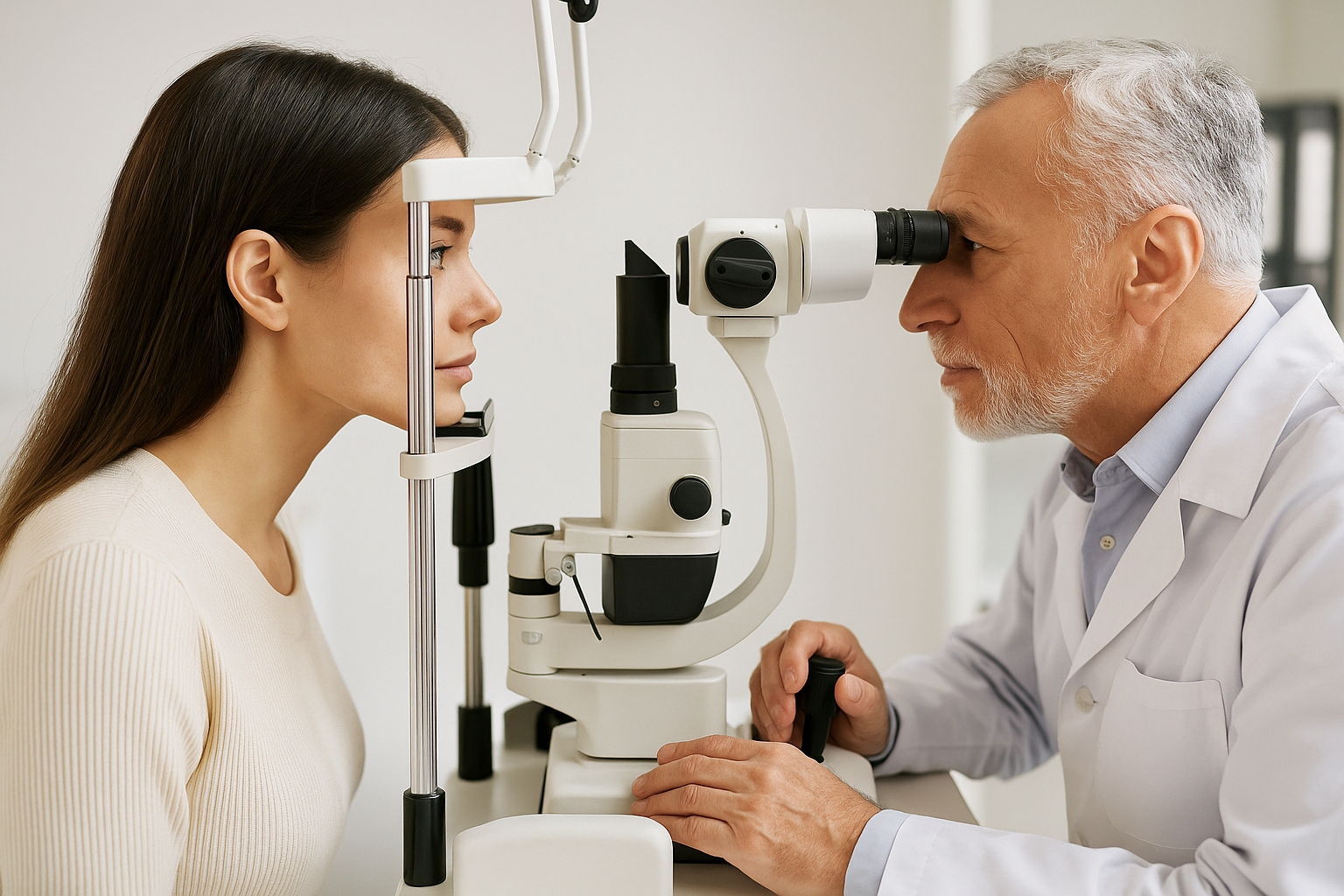 안과에서 슬릿램프 장비를 통해 정밀 검사를 받고 있는 여성 환자와 의료진의 진료 장면