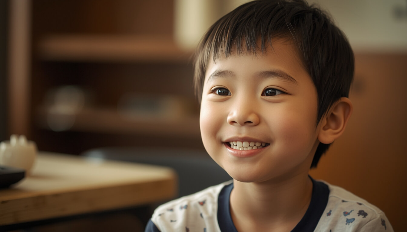 자신감 있는 표정으로 영어로 말하는 초등학교 2학년 아이의 모습