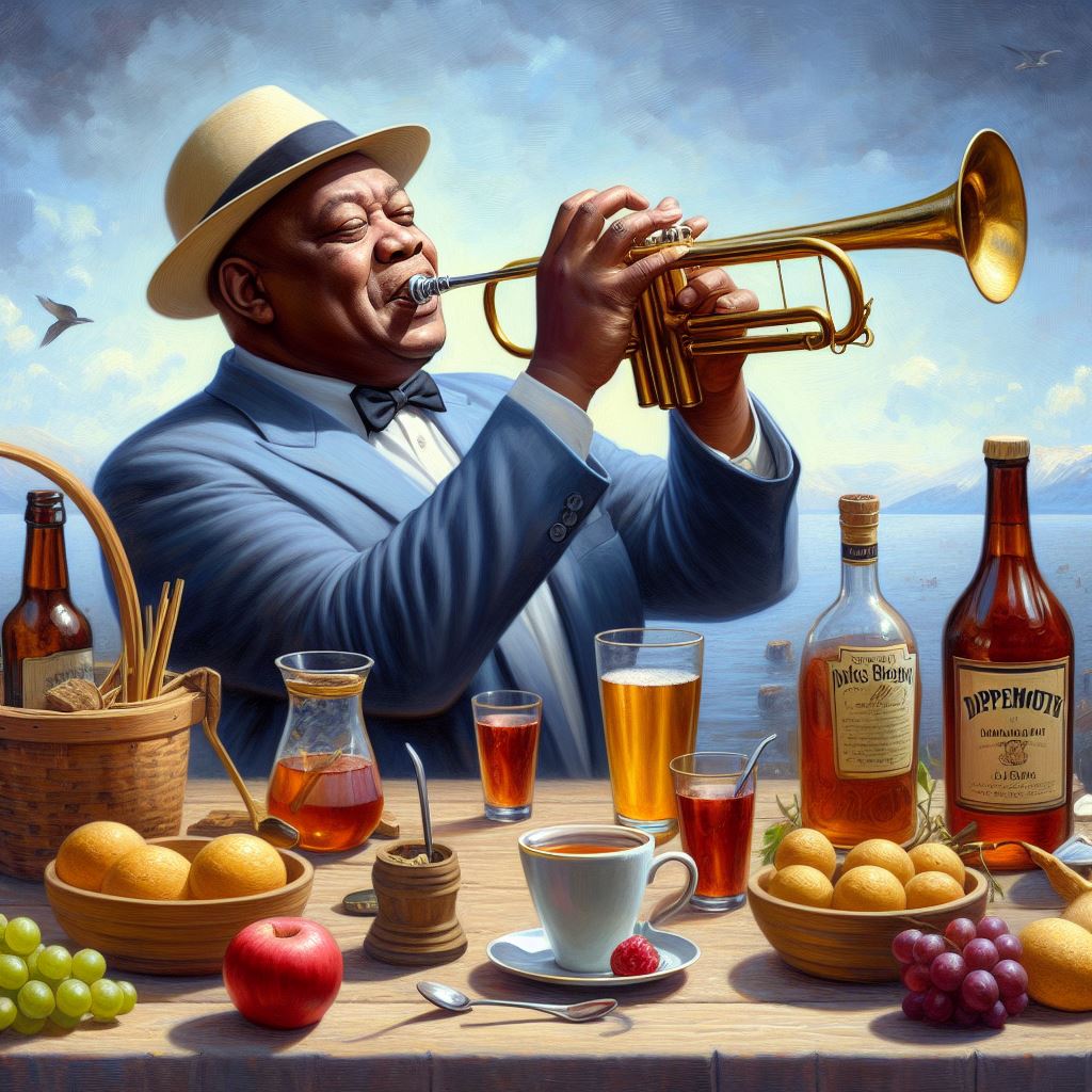 A realistic still life painting of a That Singing What a Wonderful World Louis Armstrong Satchmo, Dippermouth at jazz bar with his crew