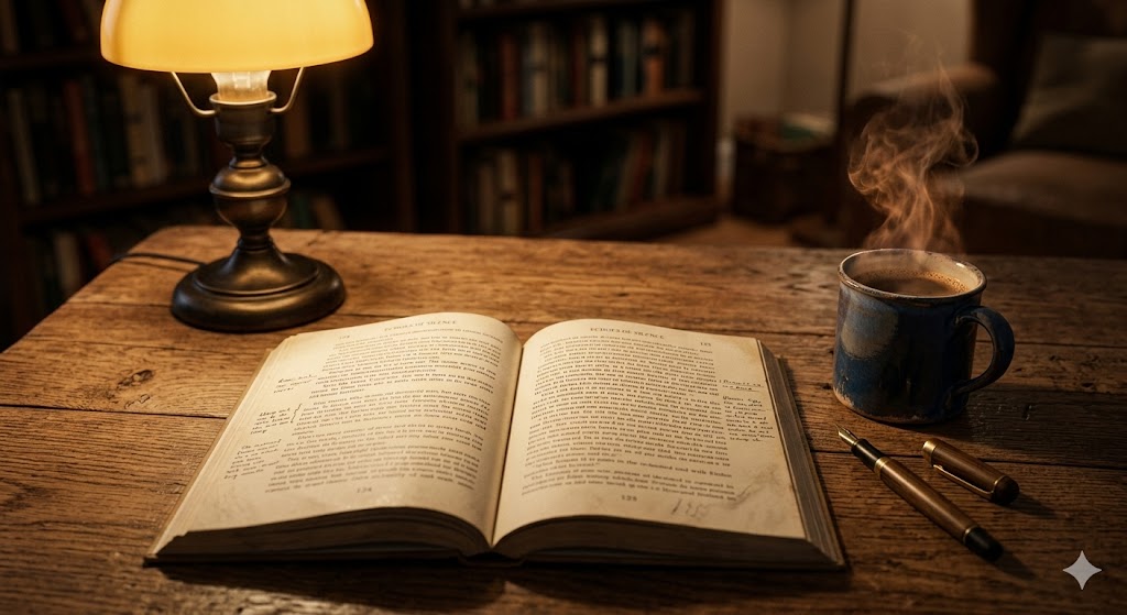어두운 방 안, 스탠드 조명 아래 놓인 책과 김이 나는 커피 한 잔