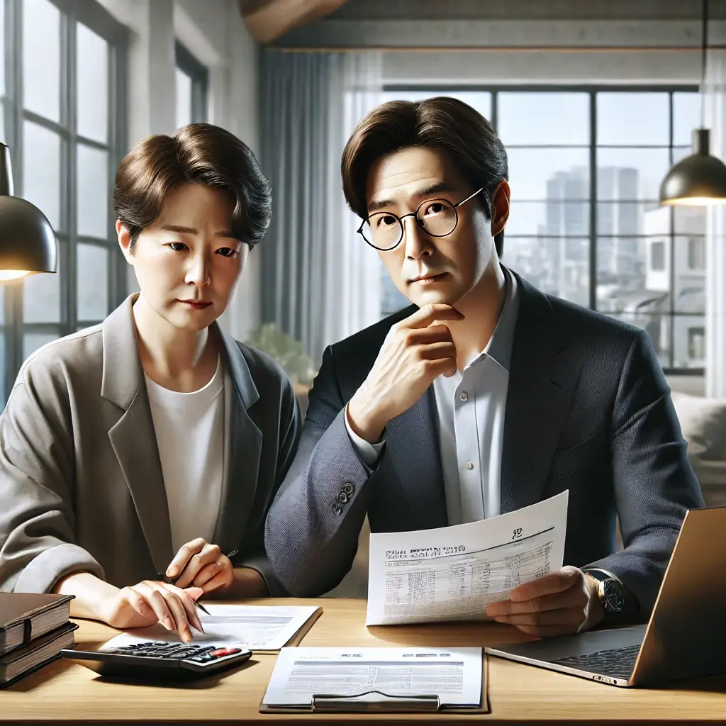 중간 연령대의 부부가 세금 서류를 검토하며 집중하는 모습