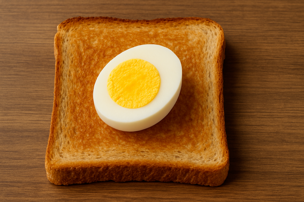 구운 통밀 토스트 위에 반으로 자른 삶은 달걀을 올린 건강한 아침식사 예시