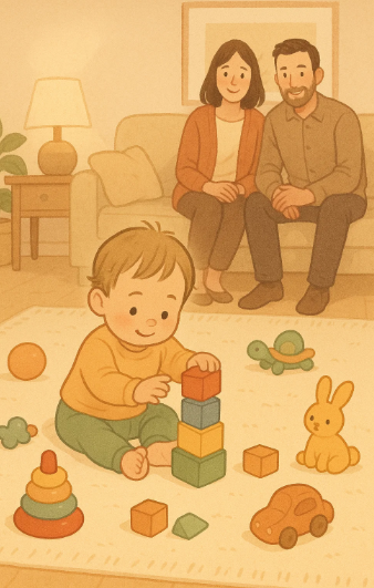 18개월 아기가 거실 러그 위에서 혼자 블록을 쌓으며 놀고 있는 모습