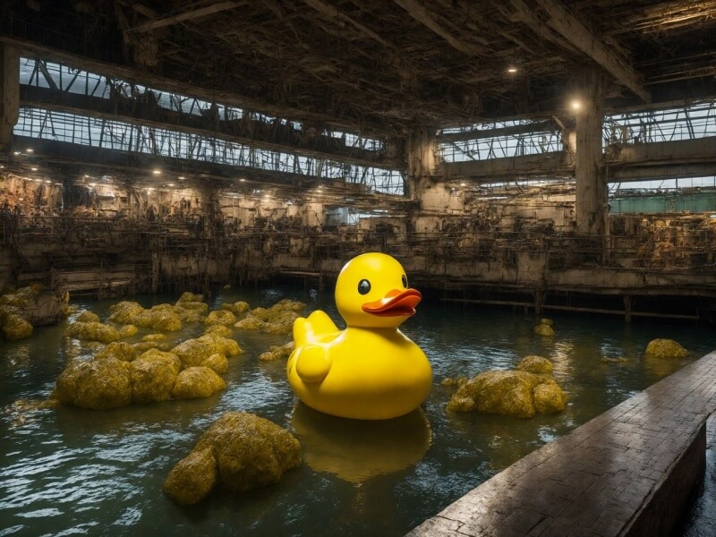 노란 오리 인형이 어느 건물에 있는 사진