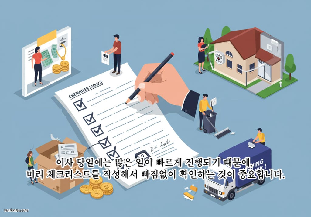 이사 당일에는 많은 일이 빠르게 진행되기 때문에, 미리 체크리스트를 작성해서 빠짐없이 확인하는 것이 중요합니다.