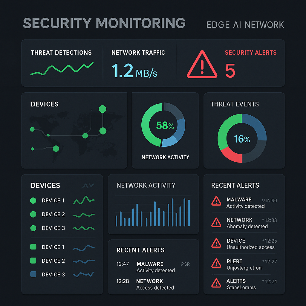 Real-time security monitoring dashboard for Edge AI network infrastructure showing threat detection and device status