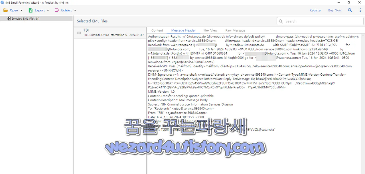 FBI 사칭 피싱 메일 이메일 헤더