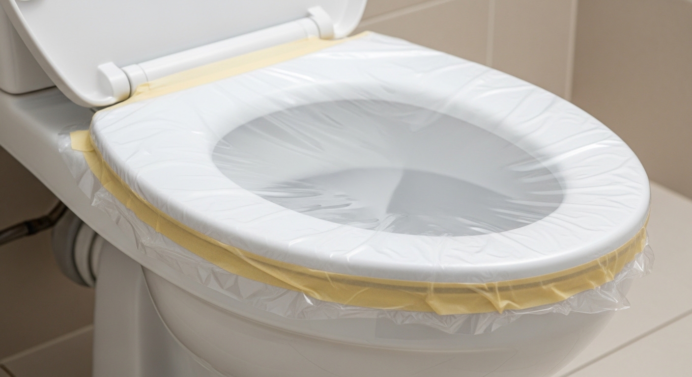 비닐봉지와 박스 테이프로 변기를 완벽하게 밀봉하여 공기 압력으로 막힌 변기를 뚫는 꿀팁