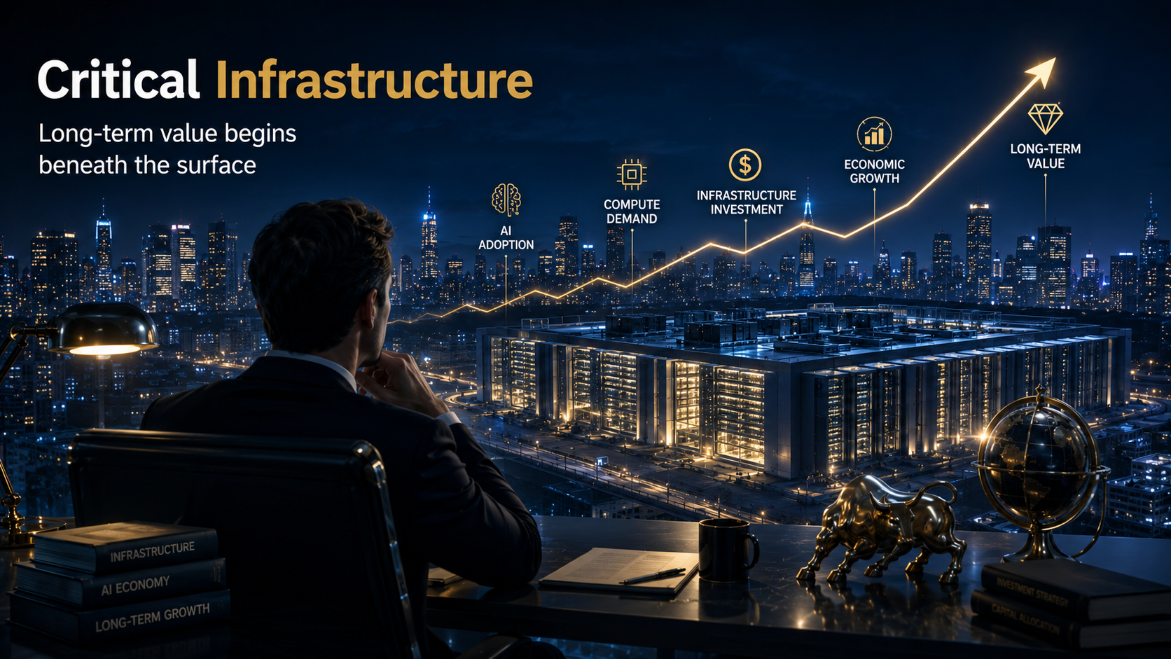Investor overlooking a large AI data center, symbolizing long-term infrastructure investing and capital allocation in the artificial intelligence era.