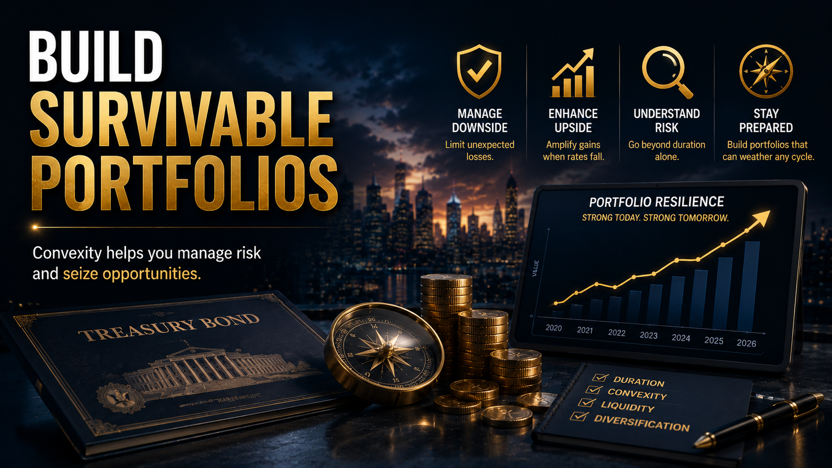 Portfolio resilience concept featuring convexity, downside protection, long-term investing, Treasury bonds, and strategic asset allocation.