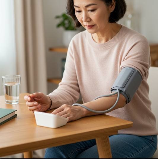 에너씨슬 효능 혈압 안정, 혈압 체크하는 중년 여성 사진