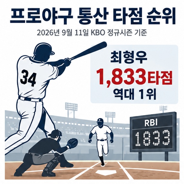 프로야구 통산 타점 순위라는 제목과 야구 타자, 타점 기록판, 최형우 최정 김현수 상위 기록을 표현한 대표 이미지
