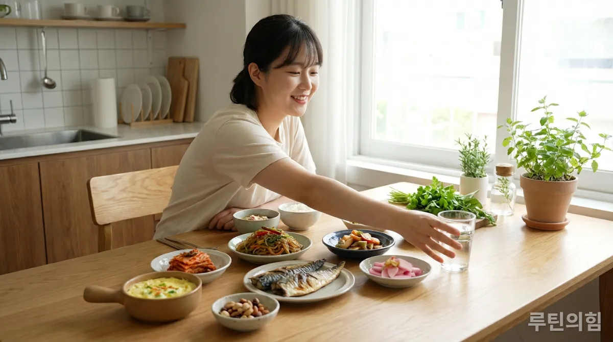 다채로운 건강 식단이 차려진 식탁과 물을 마시는 한국인