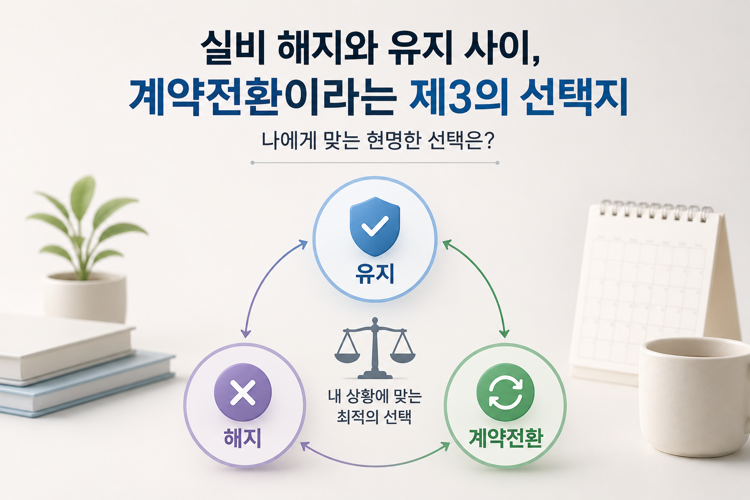 실손의료보험 계약전환과 해지 및 유지 선택지를 시각화한 인포그래픽 이미지