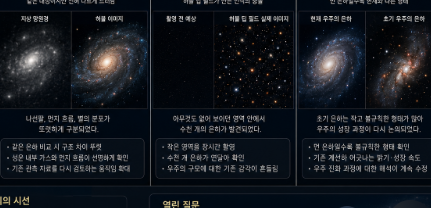 허블우주망원경이 촬영한 선명한 은하와 허브 딥 필드 속 수많은 은하들이 대비되어 드러난 장면