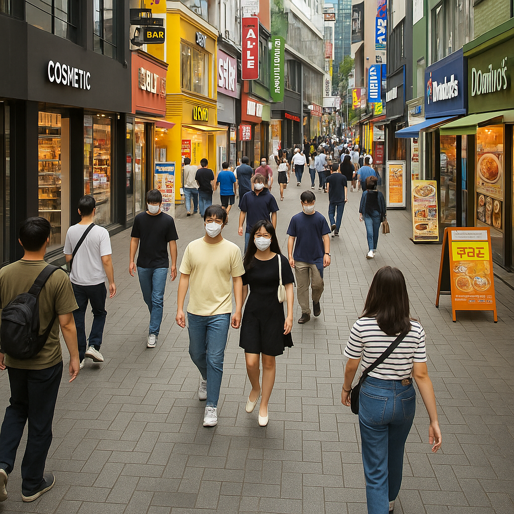 사람들이 지나다니는 도심 상가 거리, 다양한 상점과 음식점이 늘어선 활기찬 거리 풍경