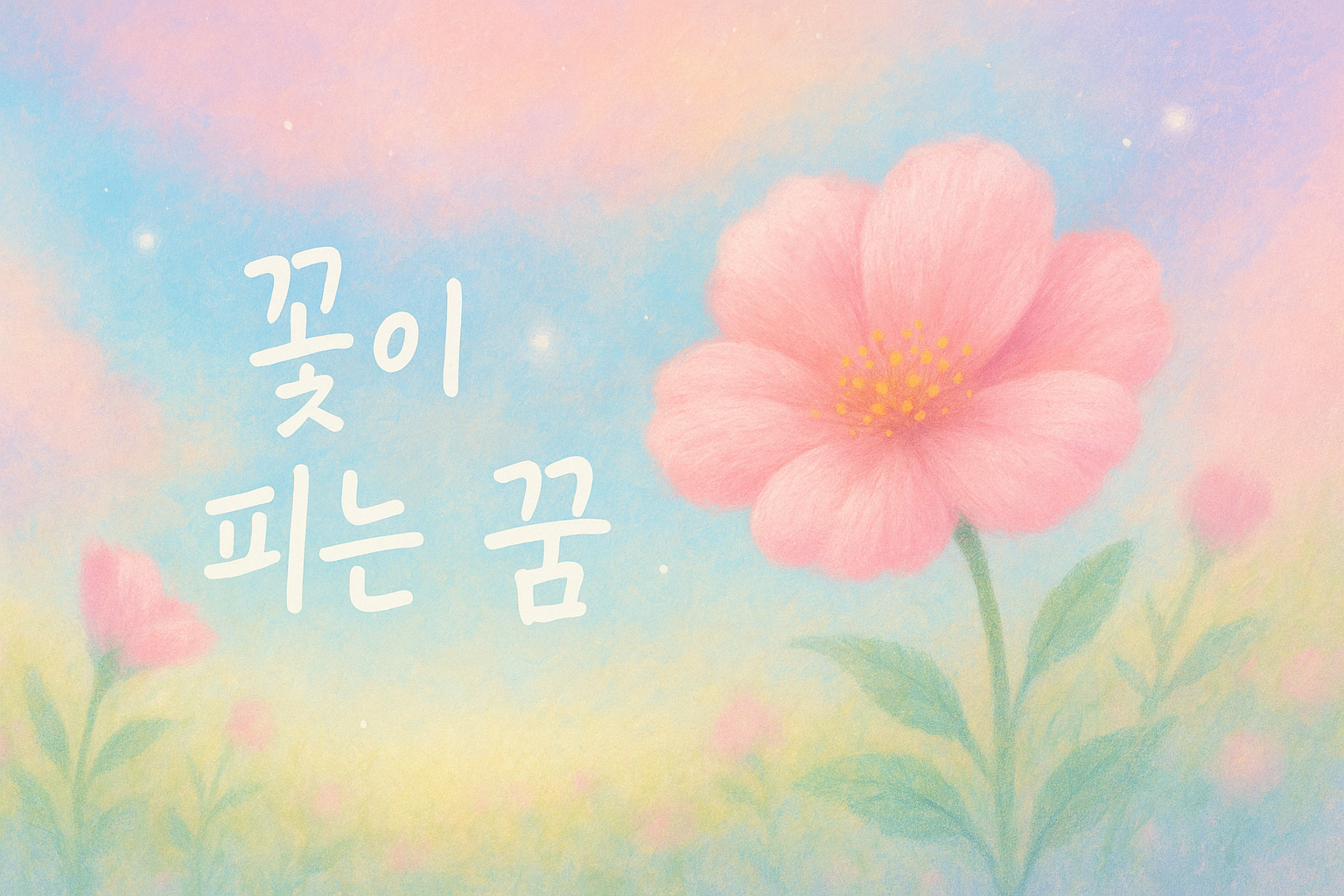 파스텔 하늘 아래 분홍 꽃이 피어난 몽환적 썸네일, ‘꽃이 피는 꿈’ 텍스트 포함