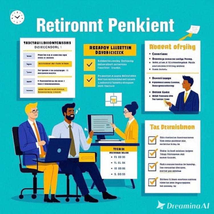 "근로자가 퇴직연금 서류를 확인하며 미소 짓는 장면. 배경에 &lsquo;2025년 퇴직연금 의무화&rsquo; 텍스트와 금융 차트. 파란색과 금색 톤으로 안정과 희망 강조."