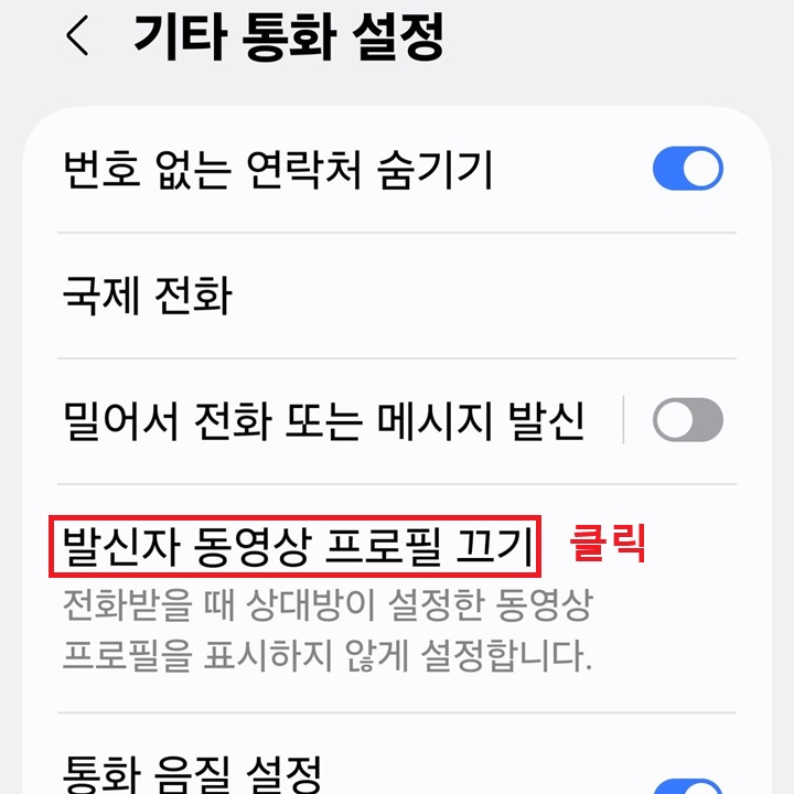기타 통화 설정 페이지에 발신자 동영상 프로필 끄기 메뉴 보임
