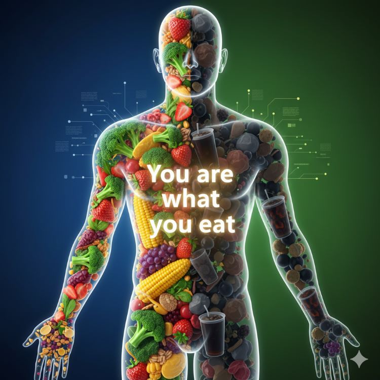 투명한 인체 형상 안에 다양한 색깔의 신선한 채소, 과일, 곡물들이 세포 형태로 배열되어 있고, 반대편에는 가공식품들이 어두운 색으로 표현되어 대비를 이루는 이미지. 중앙에는 'You are what you eat' 문구가 빛나고 있는 교육적이면서도 시각적으로 임팩트 있는 그래픽