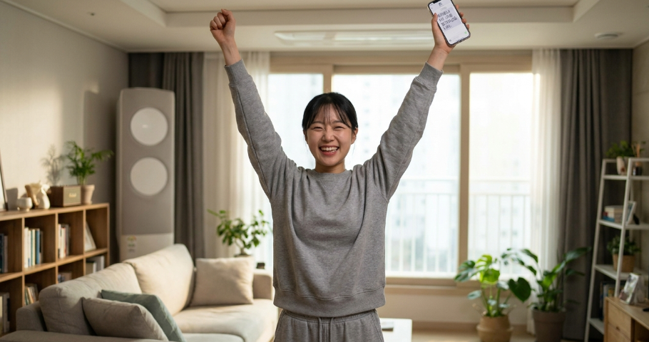 최종 합격 통보를 받고 두 손을 번쩍 들며 기뻐하는 행복한 예비 사회복지사