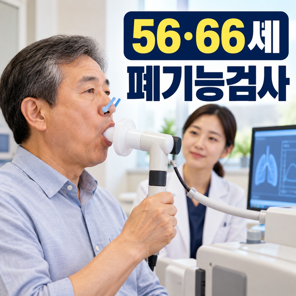 폐기능검사를 받는 중년 남성과 의료진