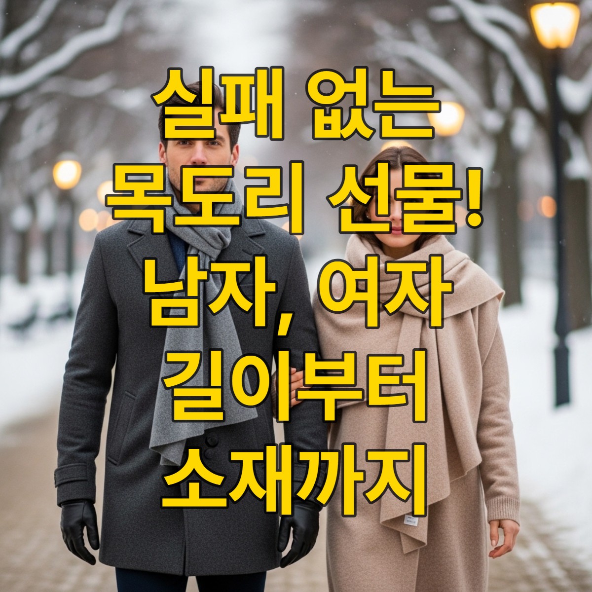 겨울 도시 공원에서 따뜻하고 스타일리시한 목도리를 두른 남녀가 함께 걷는 모습, 선물용 목도리의 이상적인 길이와 소재를 보여줌