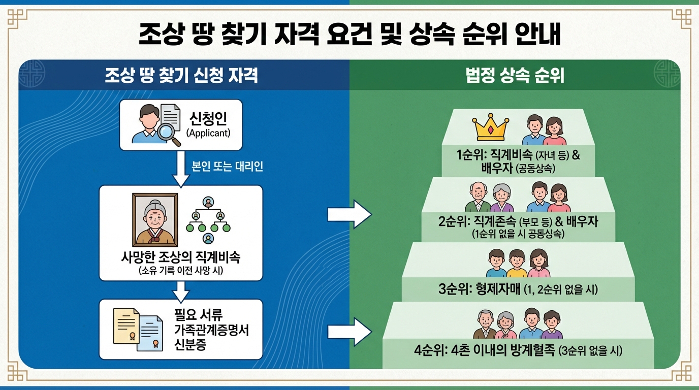 조상땅찾기 신청 자격인 직계존비속과 상속 순위를 설명하는 인포그래픽 이미지