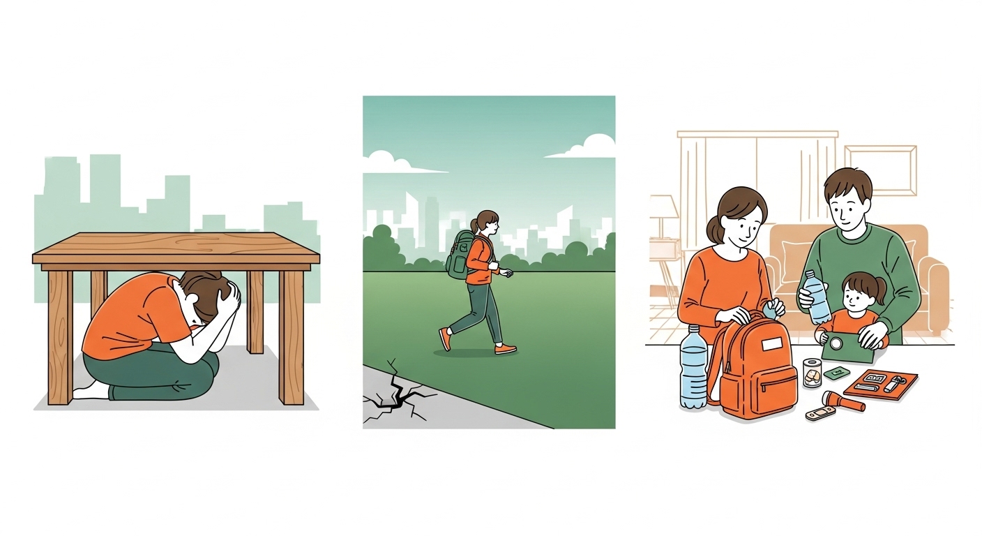 지진 발생 시 탁자 아래 대피, 야외 대피, 비상 키트 준비 등 안전 행동 요령을 보여주는 그림