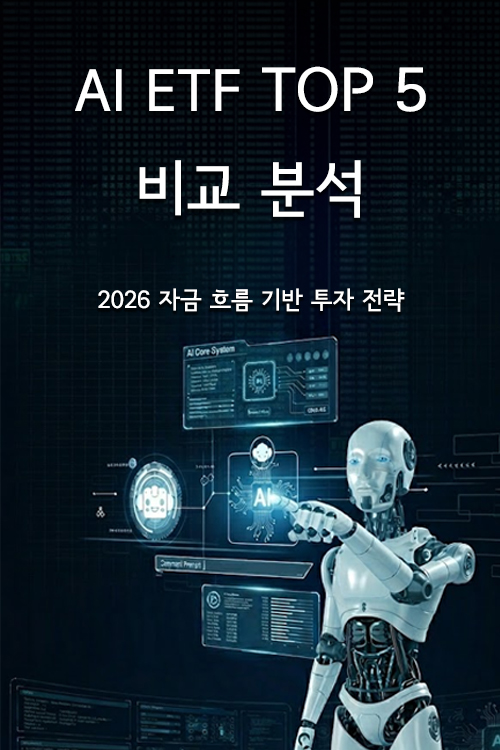 2026년 AI ETF 시장의 자금 흐름 데이터와 투자 전략을 분석하는 미래 지향적인 휴머노이드 로봇 인터페이스 이미지입니다.