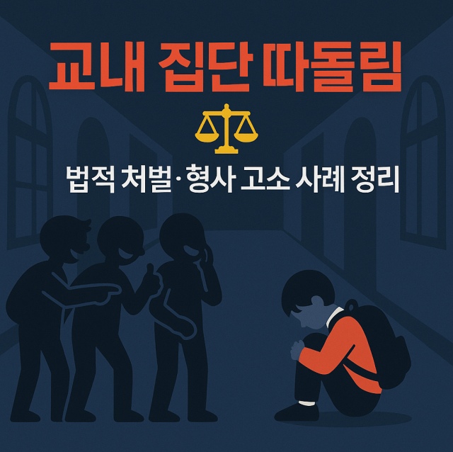 교내 집단 따돌림과 법적 처벌, 형사 고소 사례를 강조한 인포그래픽 이미지로, 학교 복도와 고립된 학생, 법원 저울 아이콘이 포함되어 있습니다.
