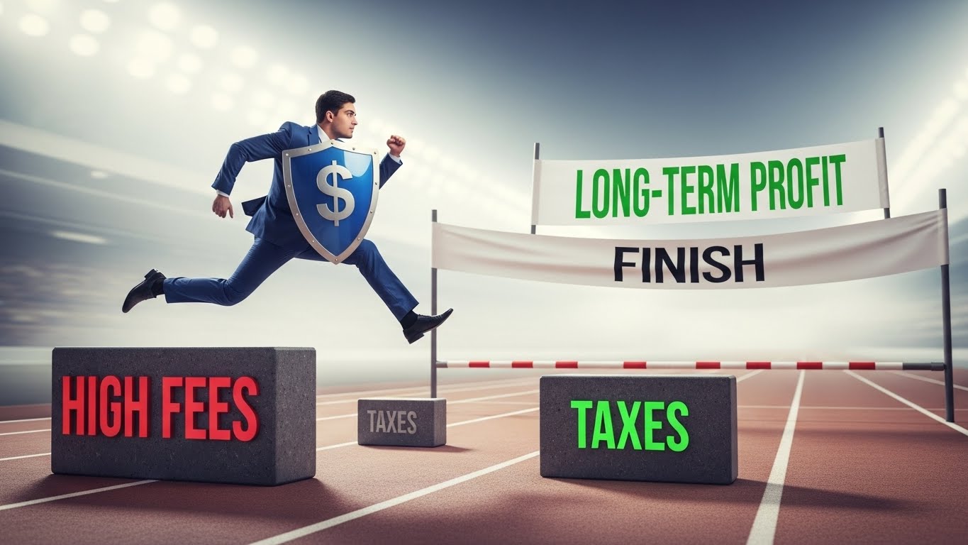 달러($) 기호가 그려진 방패(환노출)를 들고, 수수료(Fees)라는 장애물을 가볍게 뛰어넘는 장기 투자자의 모습
