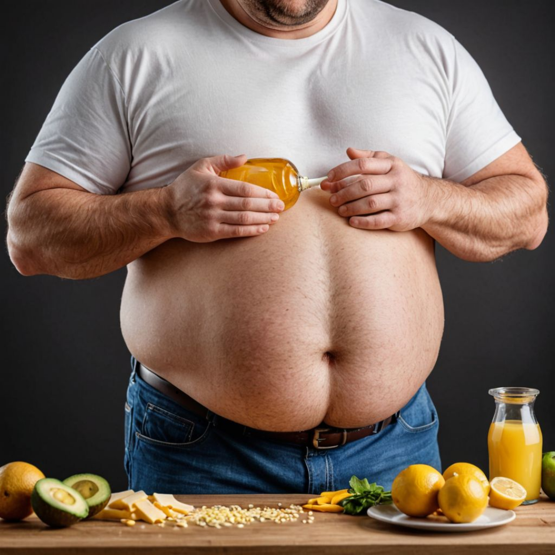 복부비만이 있는 남성이 건강한 음식 재료 앞에서 기름병을 배 위에 놓고 있는 이미지