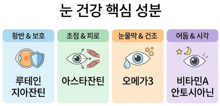 눈 건강 핵심 성분을 네 영역으로 요약한 인포그래픽입니다. 황반 보호 루테인, 초점 조절 아스타잔틴, 눈물막 안정 오메가3, 야간 시력 지원 비타민A 등 각 부위별 효능을 아이콘과 함께 직관적으로 설명합니다.