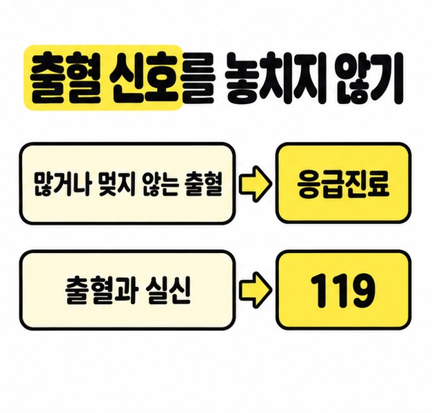 많거나 멎지 않는 출혈은 응급진료로, 출혈과 실신이 동반된 경우는 119로 연결한 안내 그림
