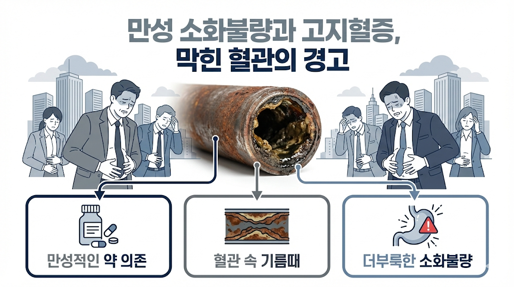 만성 소화불량과 고지혈증 막힌 혈관의 경고 인포그래픽